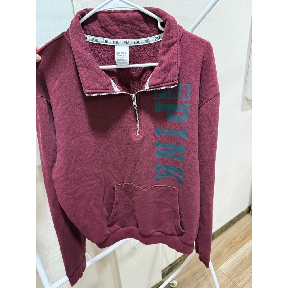 Victoria's Secret PINK Quarter Zip Pullover Large Burgundy Athleisure Campus